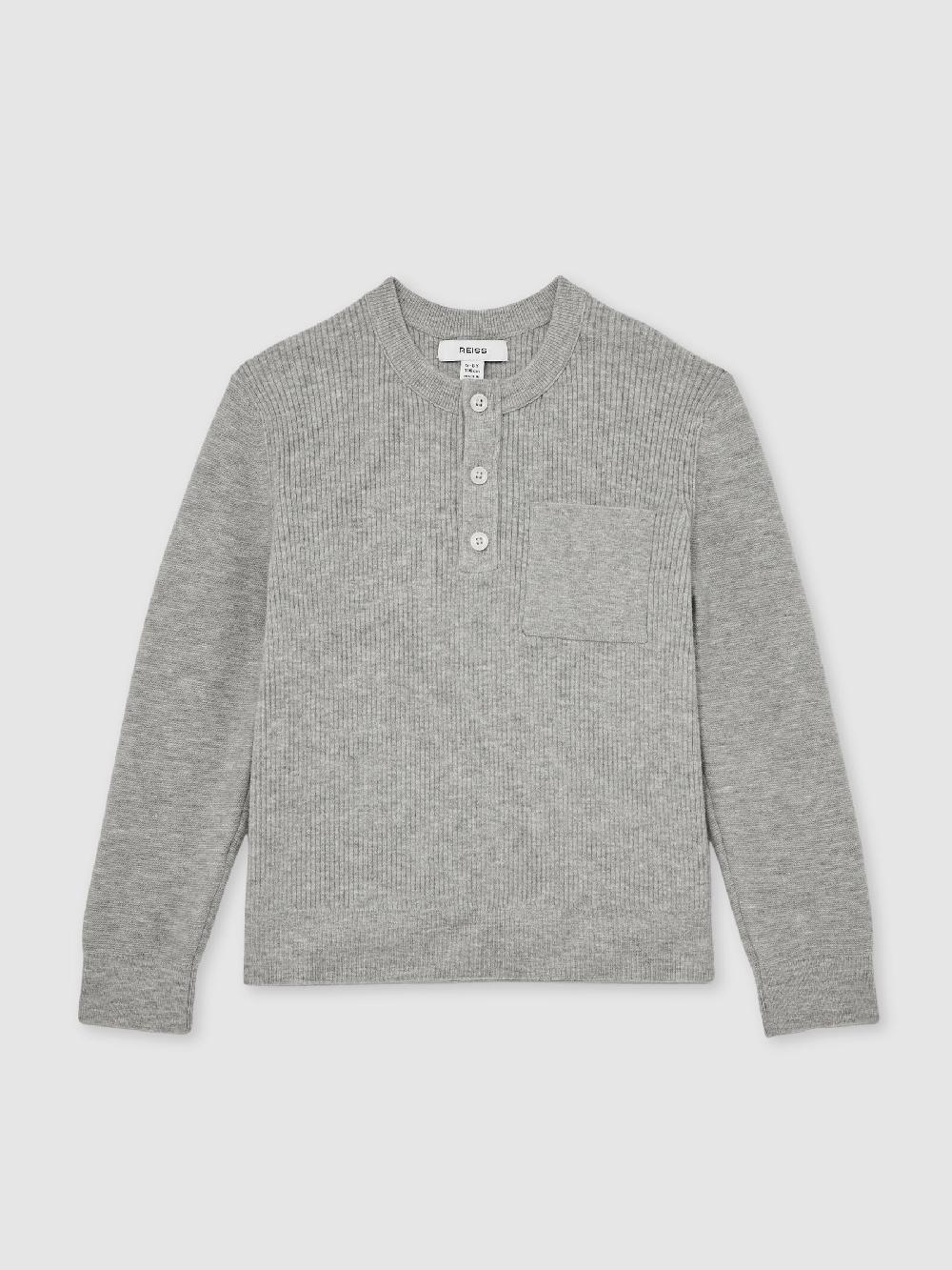 Reiss 9-13 Yrs Cotton-Blend Rib-Knit Henley Top In Mid Grey Melange