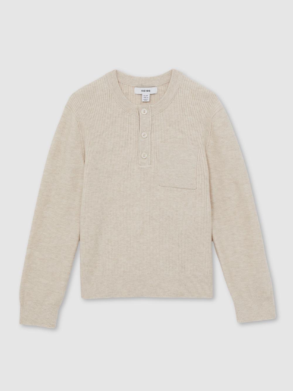 Reiss 9-13 Yrs Cotton-Blend Rib-Knit Henley Top In Oatmeal Melange