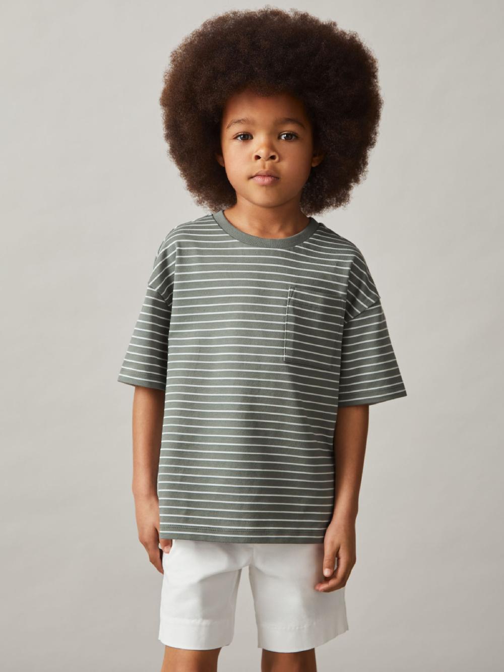 Reiss 9-13 Yrs Cotton-Blend Stripe T-Shirt In Sage/White