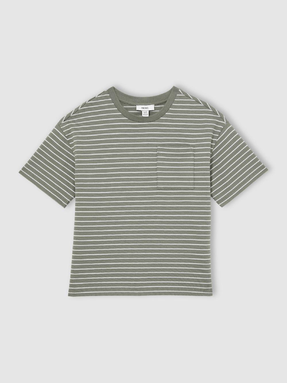 Reiss 9-13 Yrs Cotton-Blend Stripe T-Shirt In Sage/White