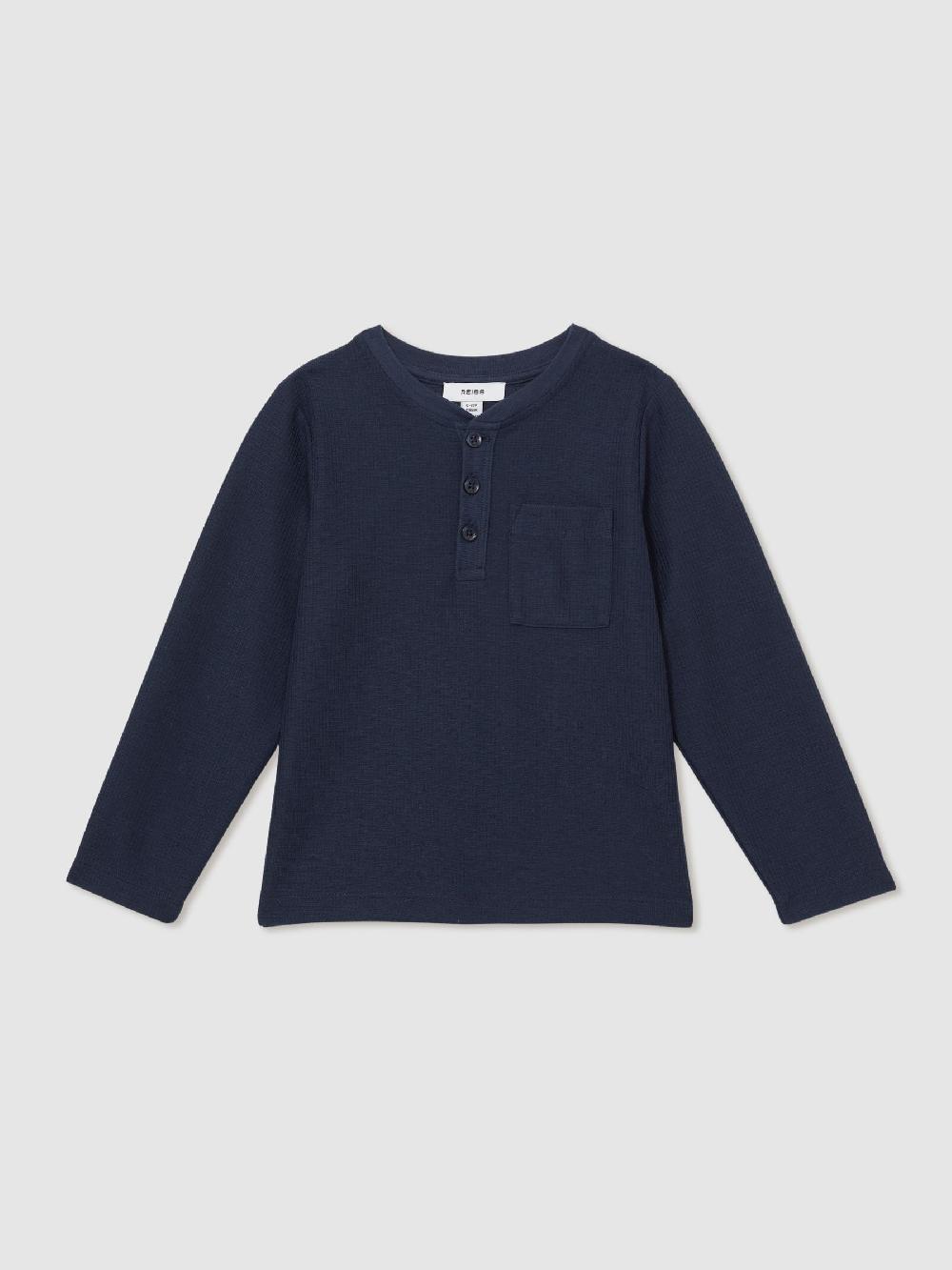 Reiss 9-13 Yrs Cotton-Blend Waffle Henley T-Shirt In Navy