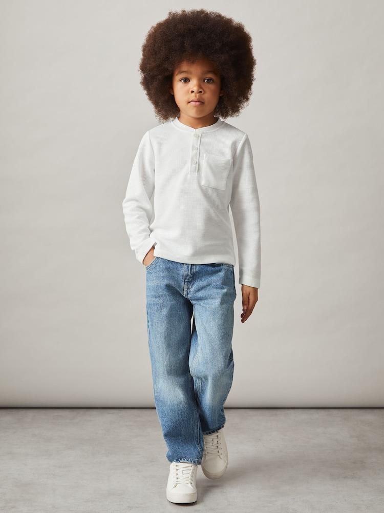 reiss 9-13 yrs Cotton-Blend Waffle Henley T-Shirt in White