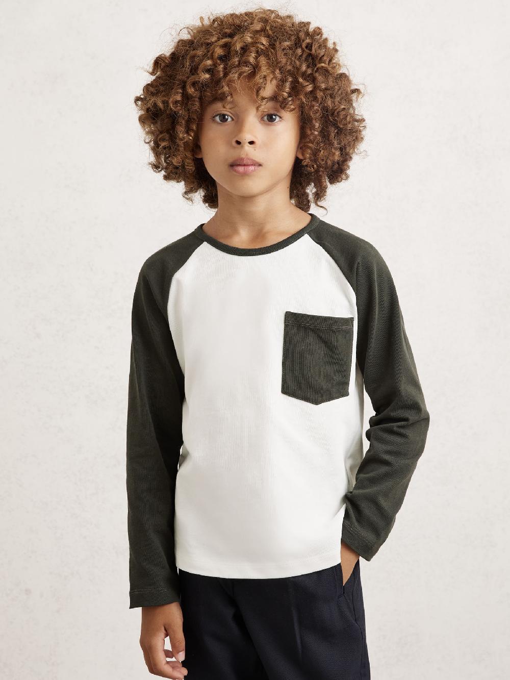 Reiss 9-13 Yrs Cotton Colour-Block Long-Sleeve T-Shirt In Green