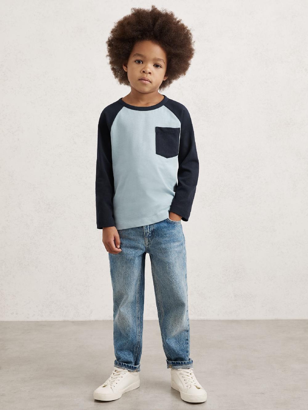 Reiss 9-13 Yrs Cotton Colour-Block Long-Sleeve T-Shirt In Navy Blue
