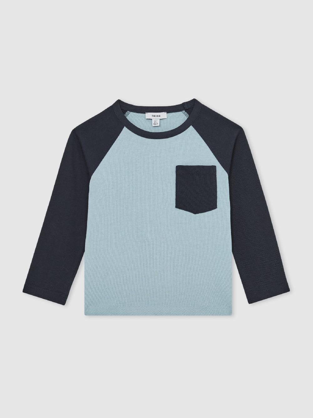 Reiss 9-13 Yrs Cotton Colour-Block Long-Sleeve T-Shirt In Navy Blue