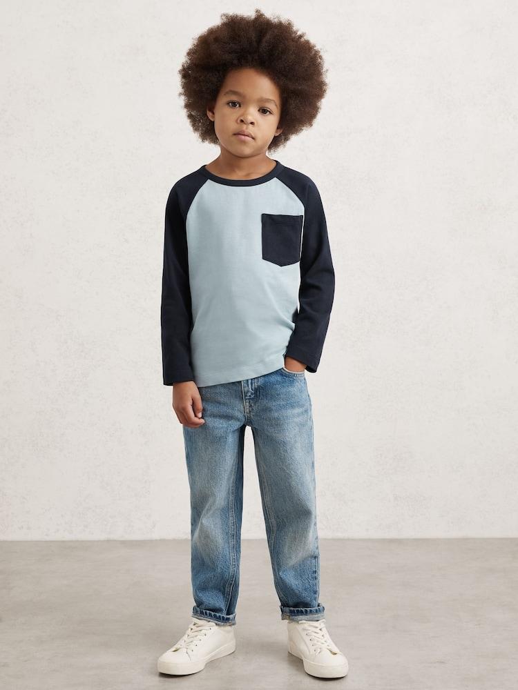 reiss 9-13 yrs Cotton Colour-Block Long-Sleeve T-Shirt in Navy Blue