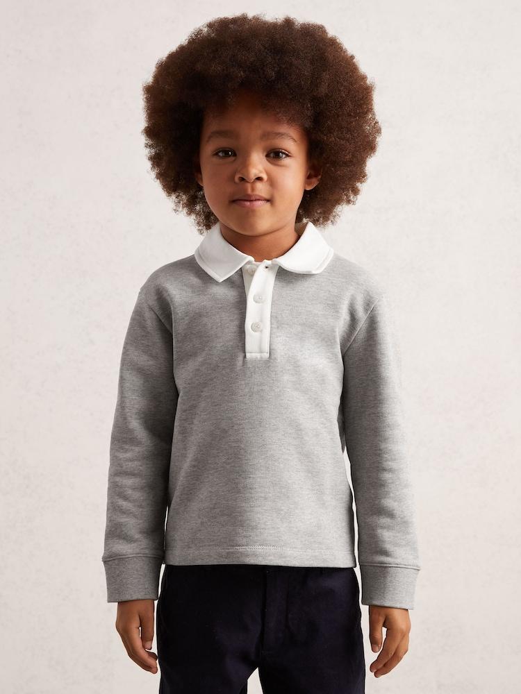 reiss 9-13 yrs Cotton Half-Button Rugby Polo Shirt in Grey Marl/White