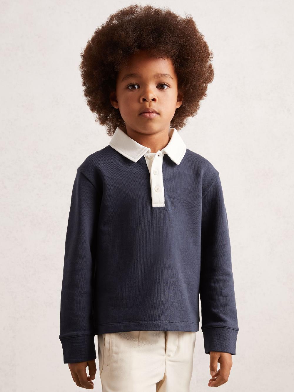 Reiss 9-13 Yrs Cotton Half-Button Rugby Polo Shirt In Navy/White