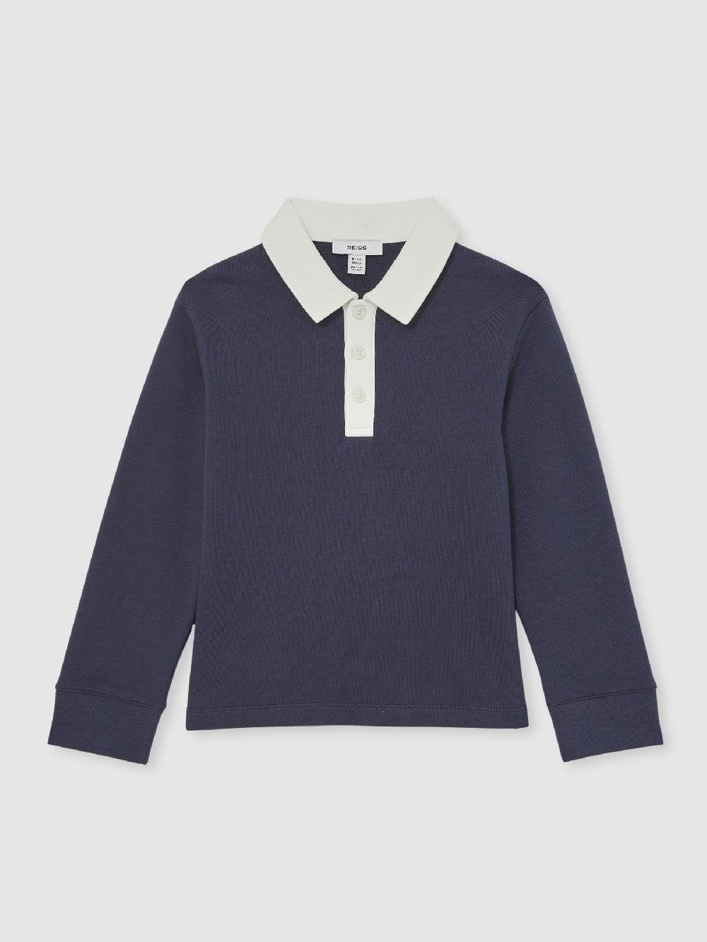 Reiss 9-13 Yrs Cotton Half-Button Rugby Polo Shirt In Navy/White