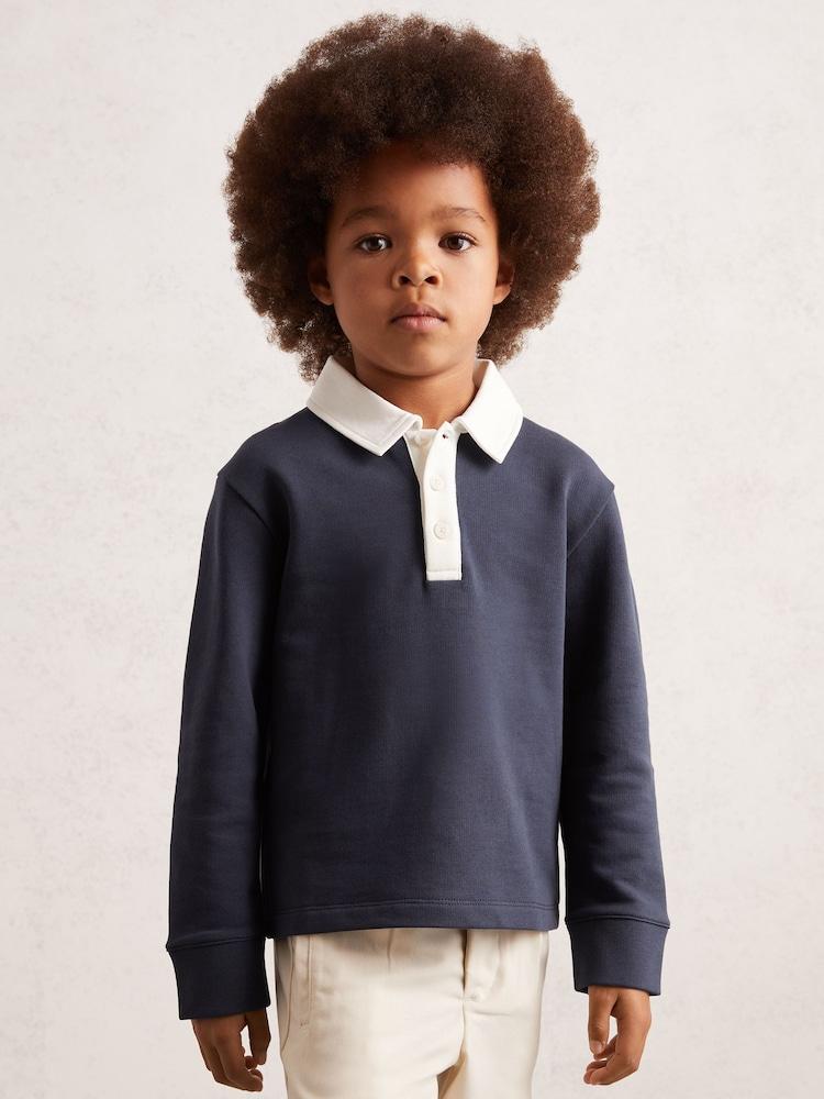 reiss 9-13 yrs Cotton Half-Button Rugby Polo Shirt in Navy/White