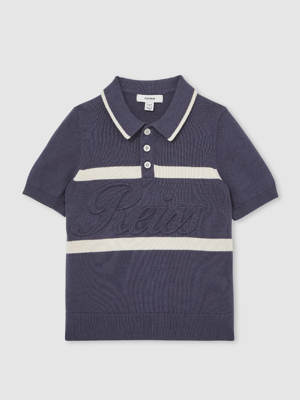 Reiss 9-13 Yrs Cotton Logo-Embossed Knit Polo Shirt In Indigo Blue/White
