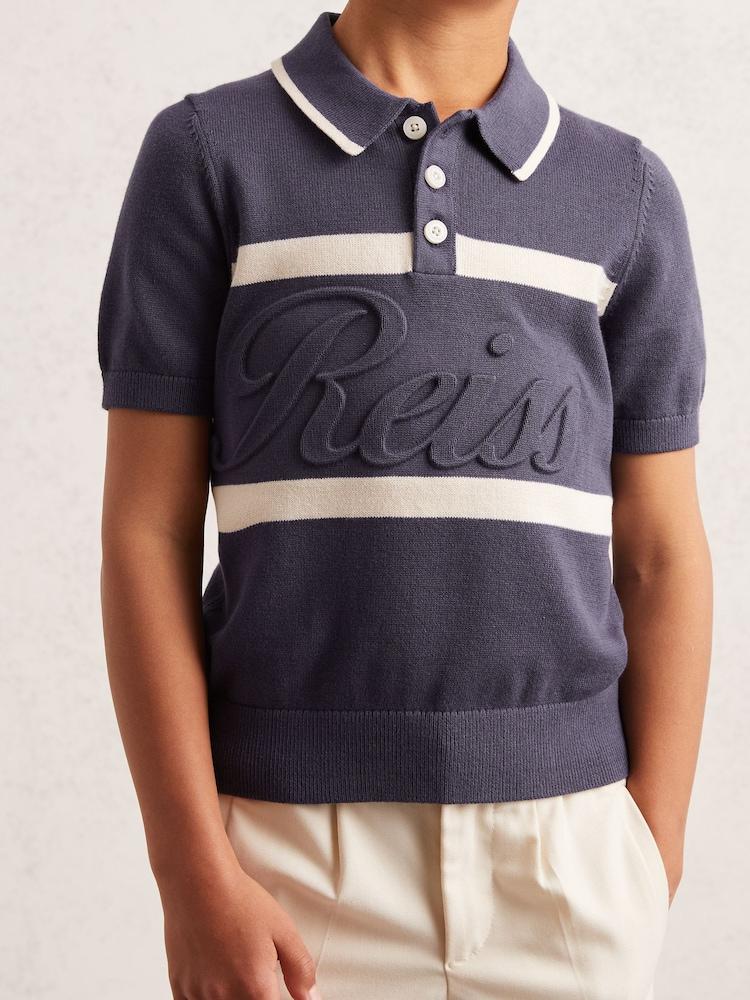reiss 9-13 yrs Cotton Logo-Embossed Knit Polo Shirt in Indigo Blue/White