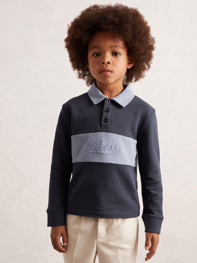 reiss 9-13 yrs Cotton Logo-Embroidery Rugby Polo Shirt in Airforce Blue/Navy Blue