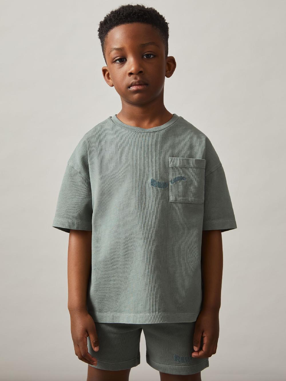 Reiss 9-13 Yrs Cotton Palm-Embroidery Oversize T-Shirt In Washed Sage