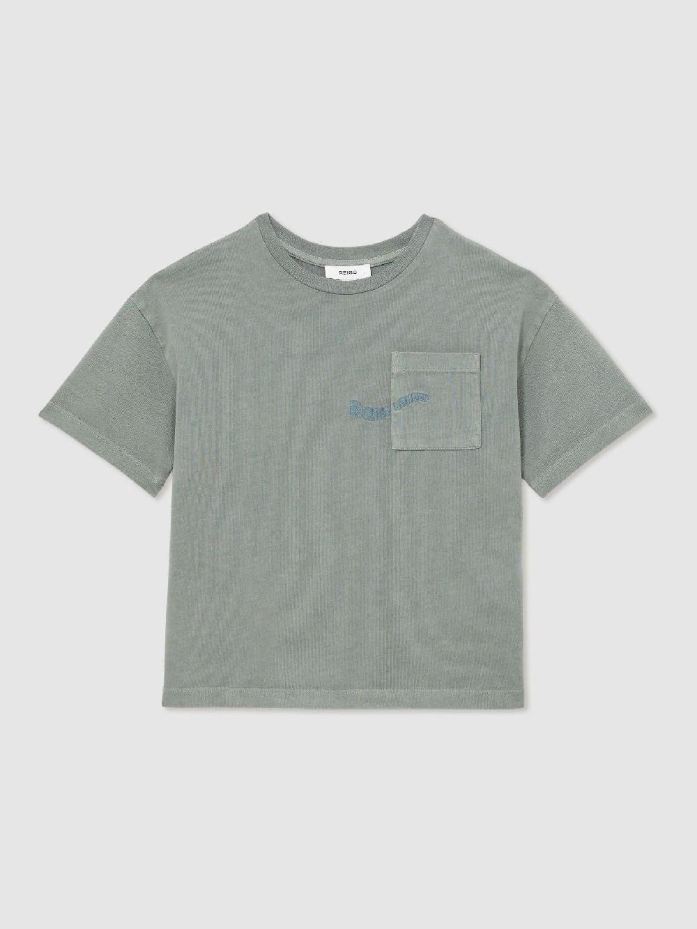 Reiss 9-13 Yrs Cotton Palm-Embroidery Oversize T-Shirt In Washed Sage