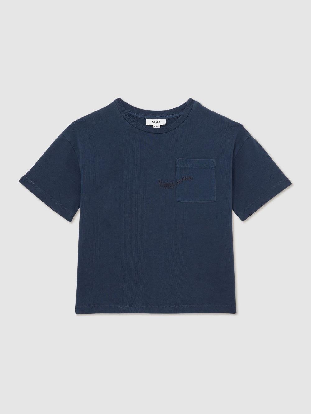 Reiss 9-13 Yrs Cotton Palm-Embroidery Oversize T-Shirt In Washed Navy