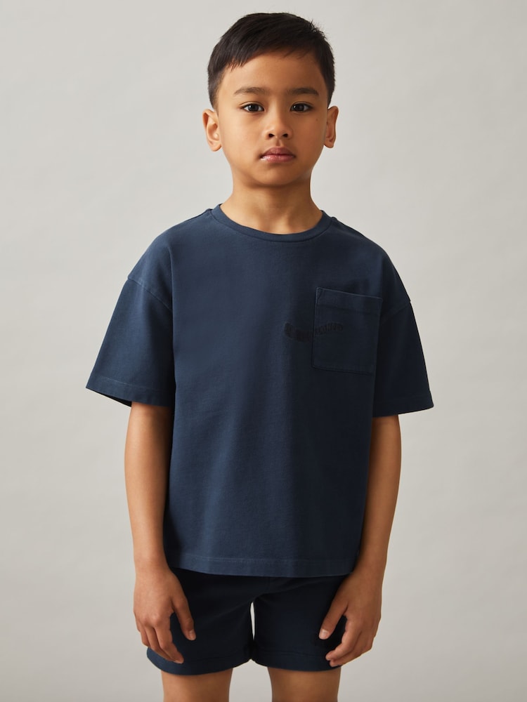 reiss 9-13 yrs Cotton Palm-Embroidery Oversize T-Shirt in Washed Navy