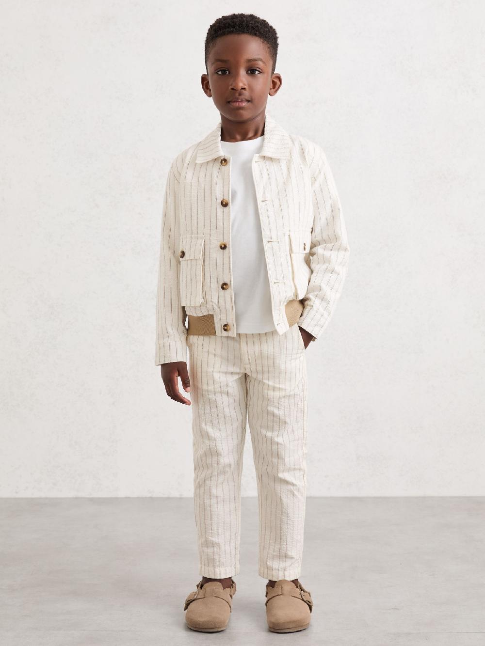 Reiss 9-13 Yrs Cotton Pinstripe Harrington Jacket In Off White/Taupe Brown