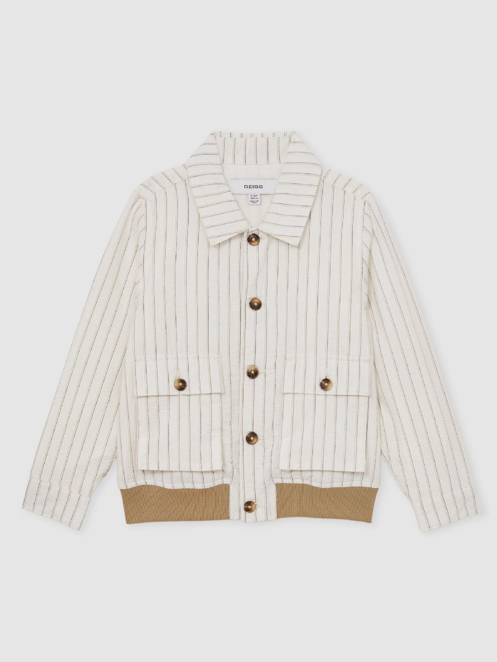 Reiss 9-13 Yrs Cotton Pinstripe Harrington Jacket In Off White/Taupe Brown