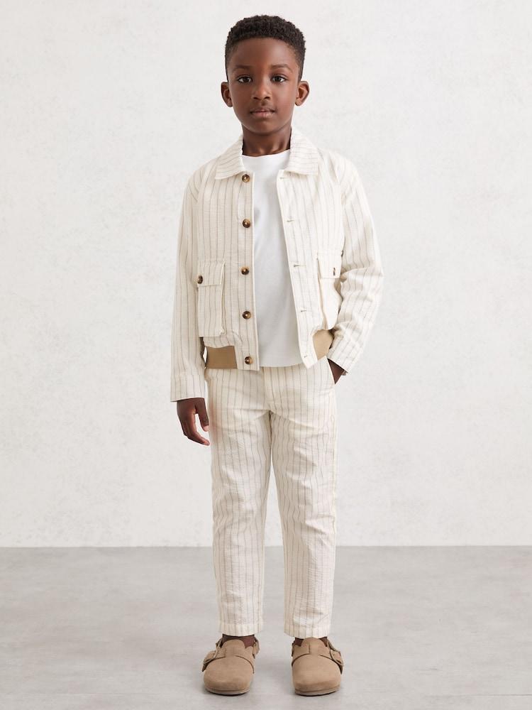 reiss 9-13 yrs Cotton Pinstripe Harrington Jacket in Off White/Taupe Brown