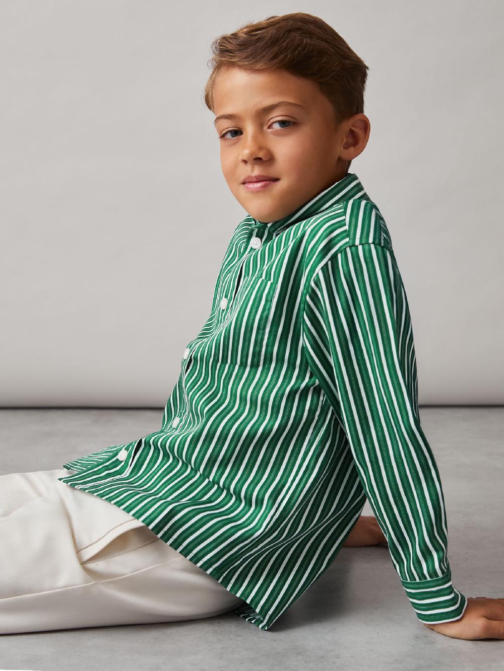 Reiss 9-13 Yrs Cotton-Poplin Striped Oversize Shirt In Green/White