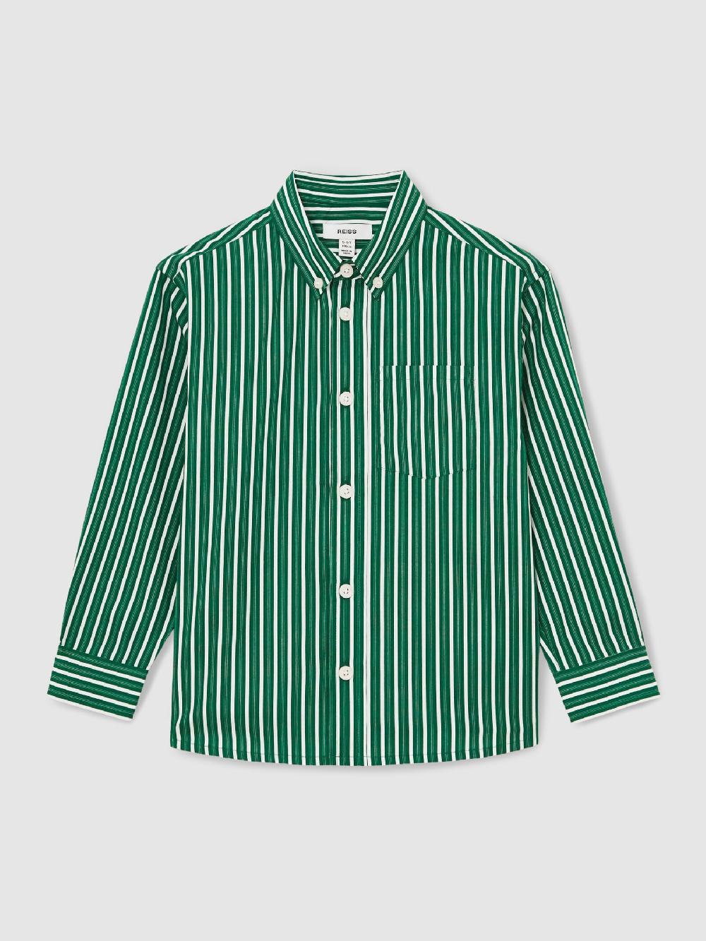 Reiss 9-13 Yrs Cotton-Poplin Striped Oversize Shirt In Green/White