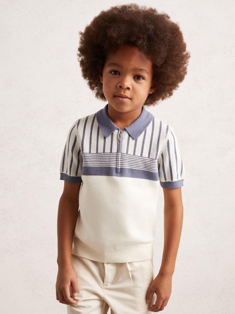 Reiss 9-13 Yrs Cotton Stripe Knit Half-Zip Polo Shirt In Off White/ Airforce Blue
