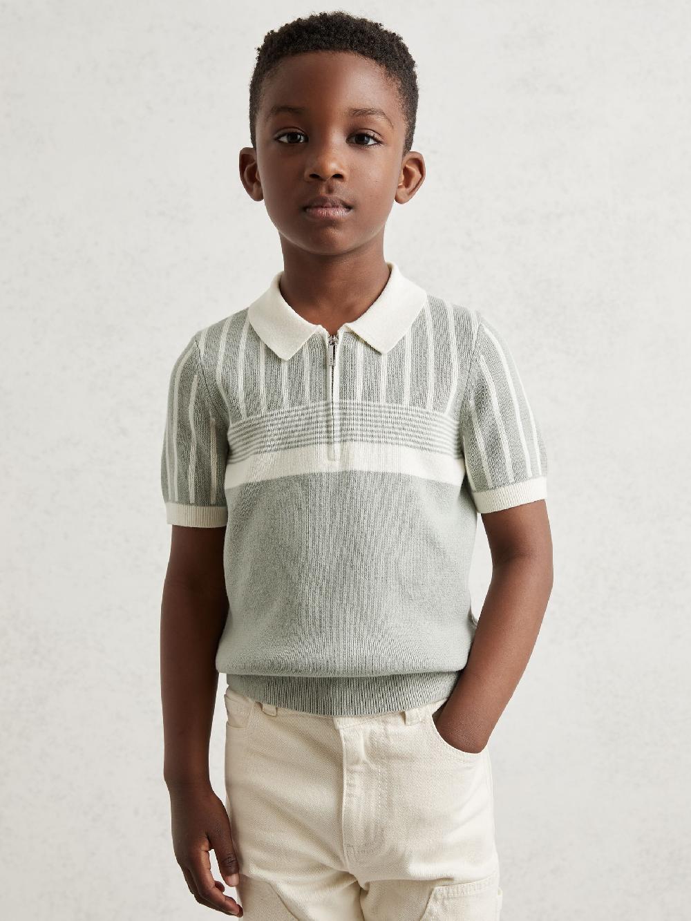 Reiss 9-13 Yrs Cotton Stripe Knit Half-Zip Polo Shirt In Sage Green/Off White