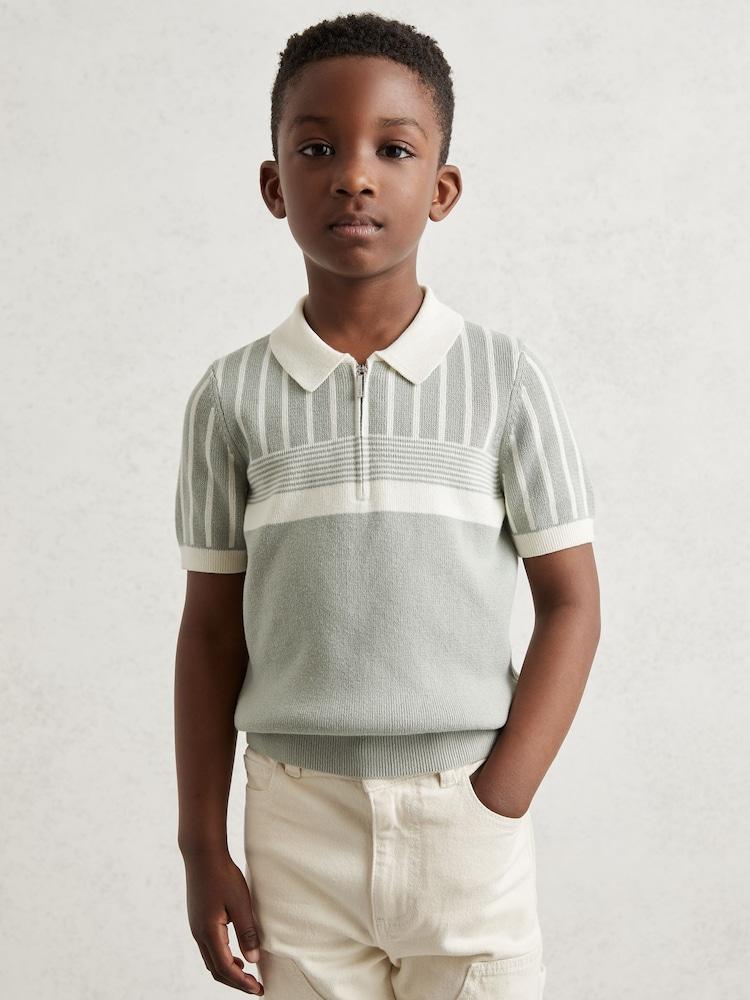 reiss 9-13 yrs Cotton Stripe Knit Half-Zip Polo Shirt in Sage Green/Off White