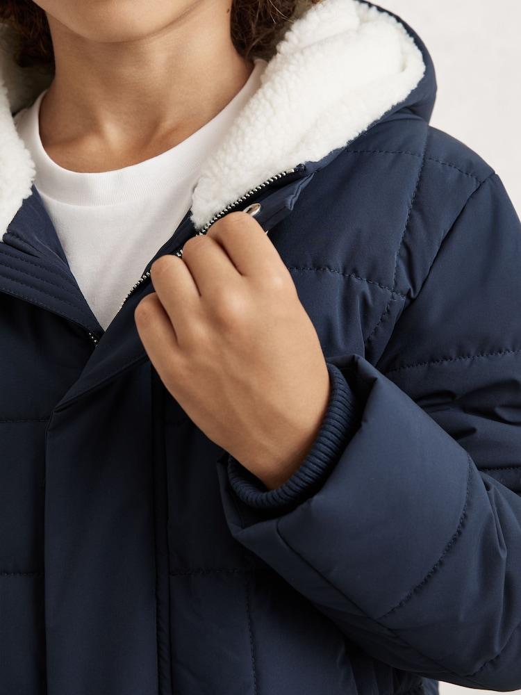 reiss 9-13 yrs Fleece-Trim Hooded Puffer Jacket in Navy