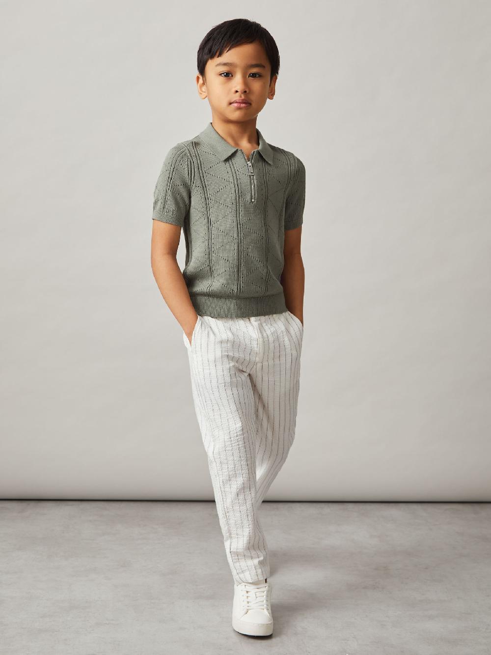Reiss 9-13 Yrs Half-Zip Pointelle Polo Shirt In Sage