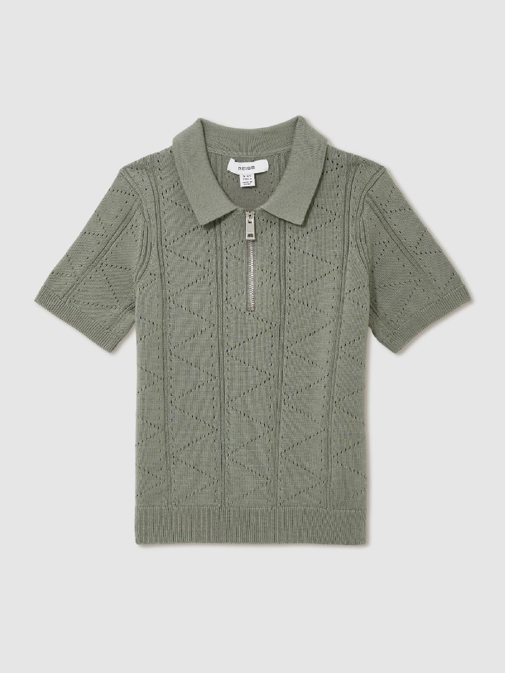 Reiss 9-13 Yrs Half-Zip Pointelle Polo Shirt In Sage