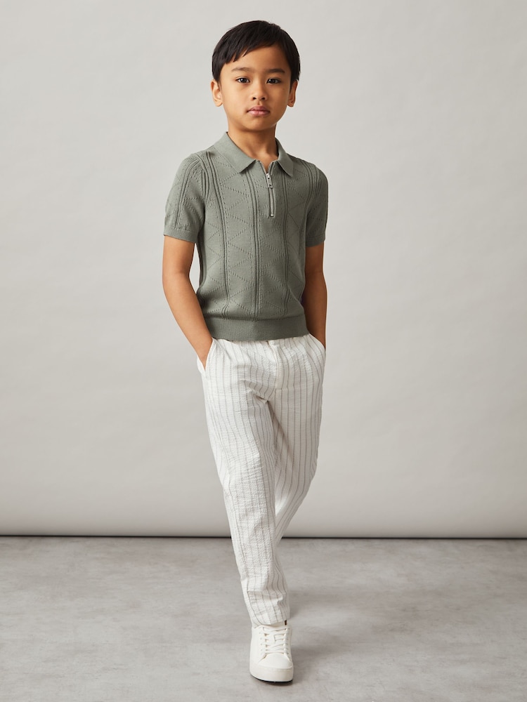 reiss 9-13 yrs Half-Zip Pointelle Polo Shirt in Sage