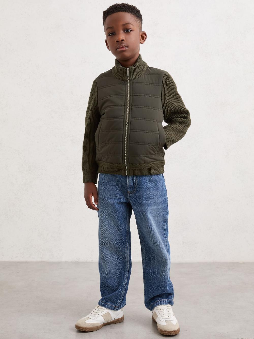 Reiss 9-13 Yrs Hybrid Quilt And Knit Zip-Through Jacket In Dark Green