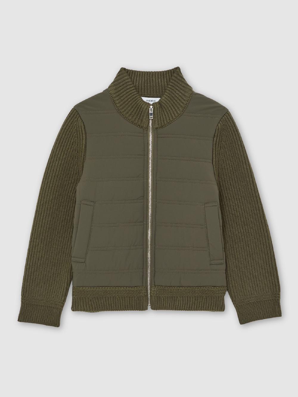 Reiss 9-13 Yrs Hybrid Quilt And Knit Zip-Through Jacket In Dark Green
