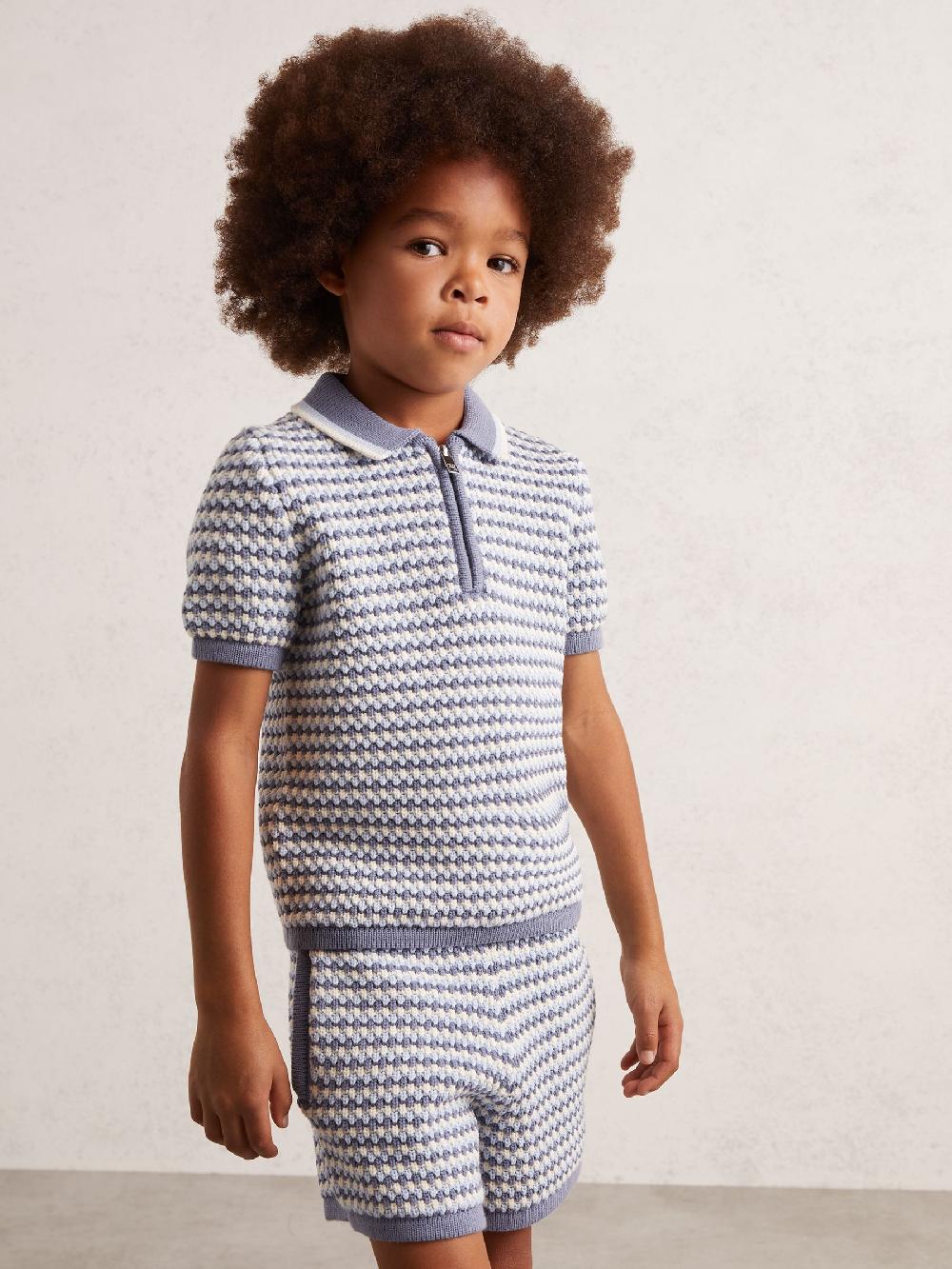 Reiss 9-13 Yrs Knitted Stripe Half-Zip Polo Shirt In Blue/White