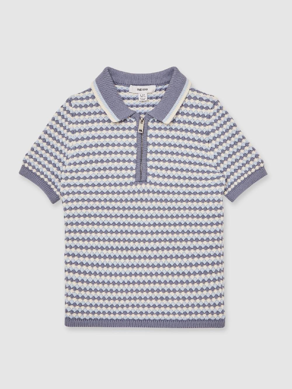 Reiss 9-13 Yrs Knitted Stripe Half-Zip Polo Shirt In Blue/White