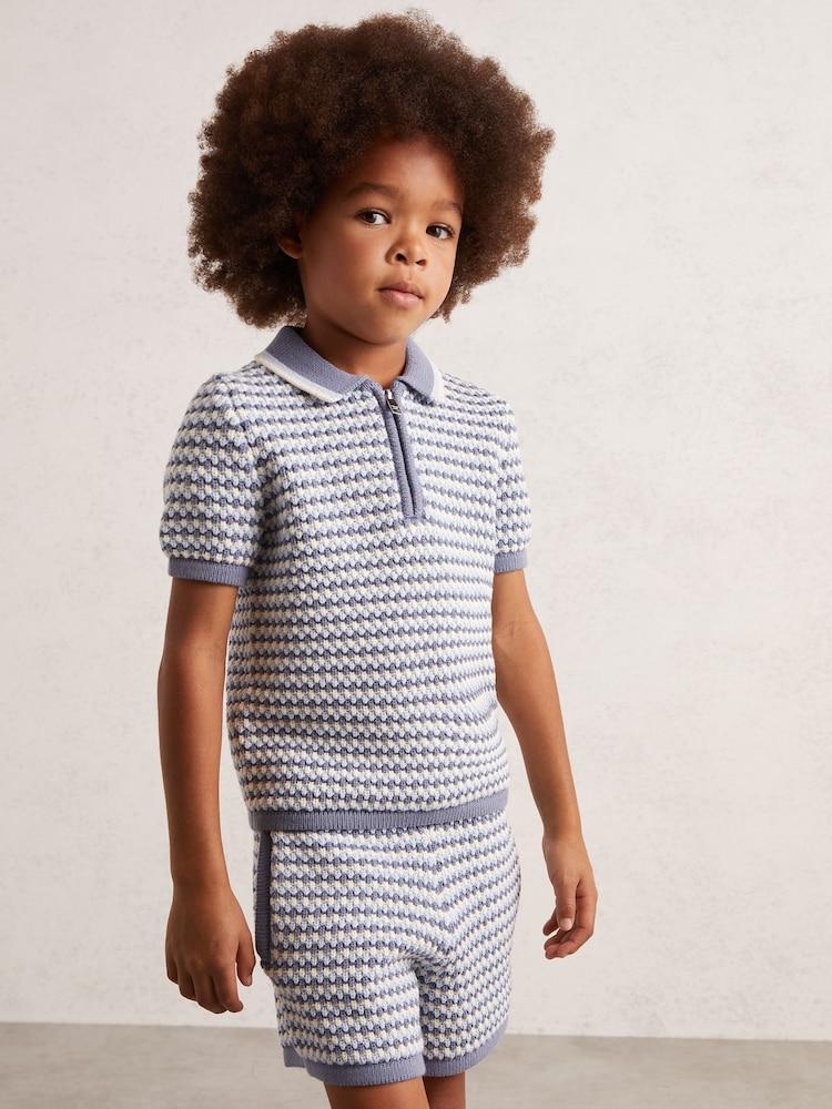 reiss 9-13 yrs Knitted Stripe Half-Zip Polo Shirt in Blue/White