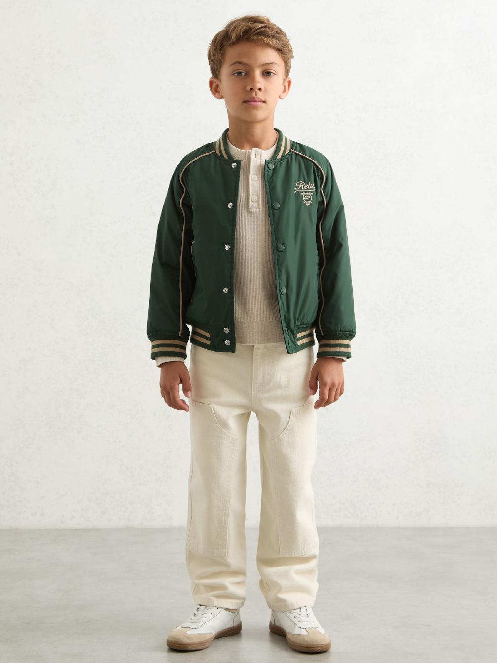 Reiss 9-13 Yrs Motor Cars Embroidered Bomber Jacket In Forest Green/Off White