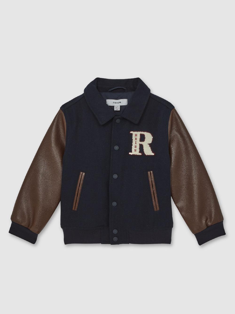 Reiss 9-13 Yrs Motor Cars Press-Stud Bomber Jacket In Navy/Brown