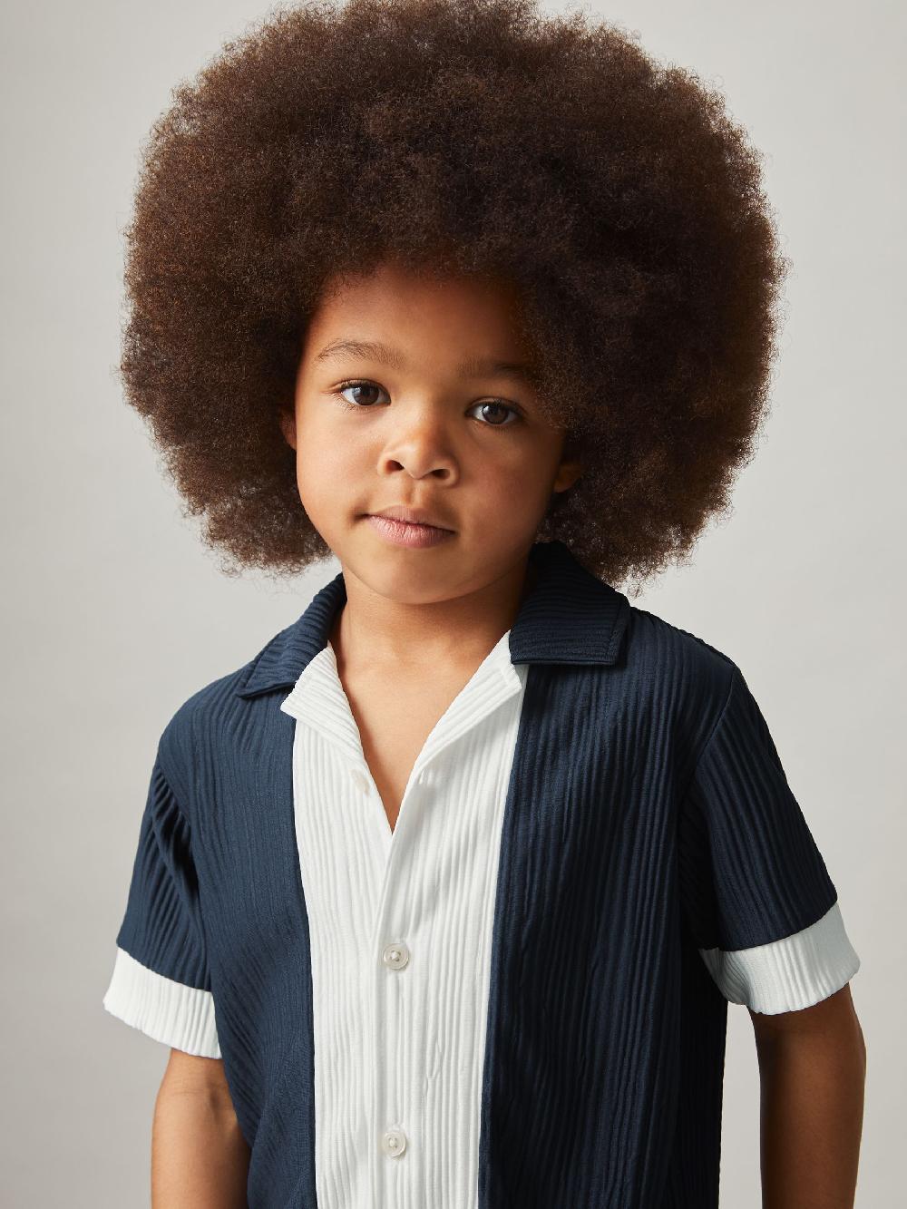 Reiss 9-13 Yrs Plissé Colour-Block Shirt In Navy/White