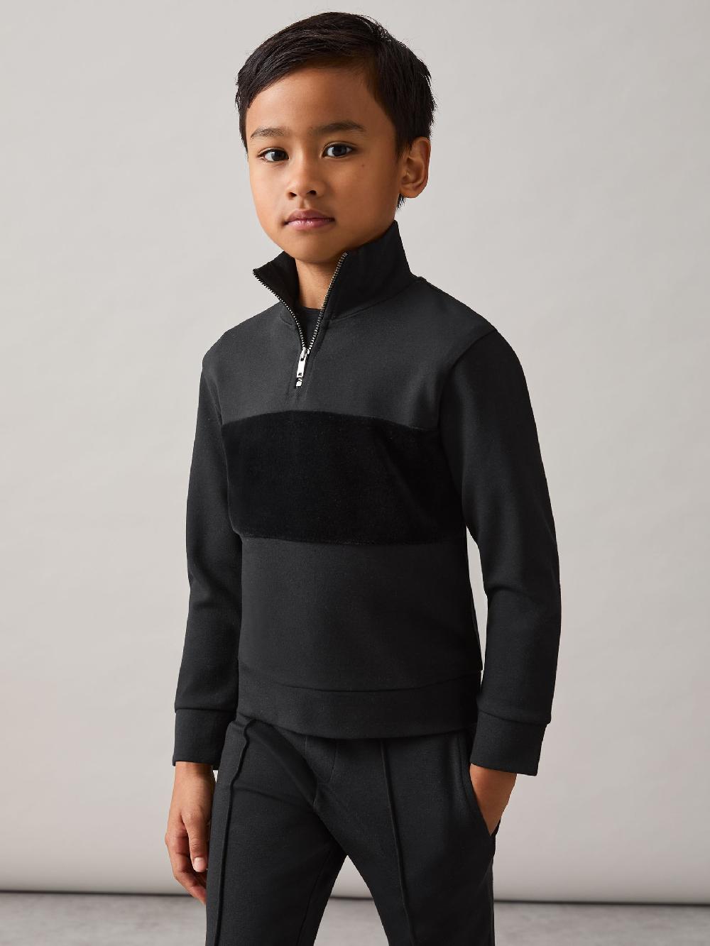 Reiss 9-13 Yrs Premium Interlock Panel Zip Sweatshirt In Black