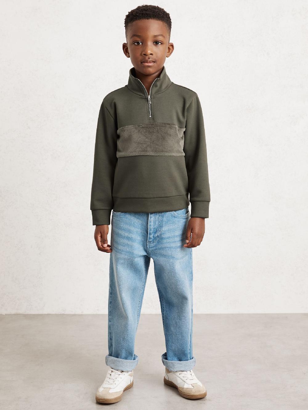 Reiss 9-13 Yrs Premium Interlock Panel Zip Sweatshirt In Dark Sage Green