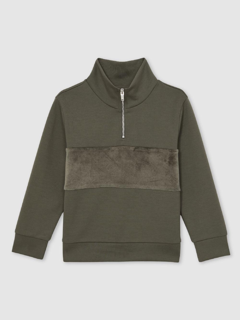 Reiss 9-13 Yrs Premium Interlock Panel Zip Sweatshirt In Dark Sage Green