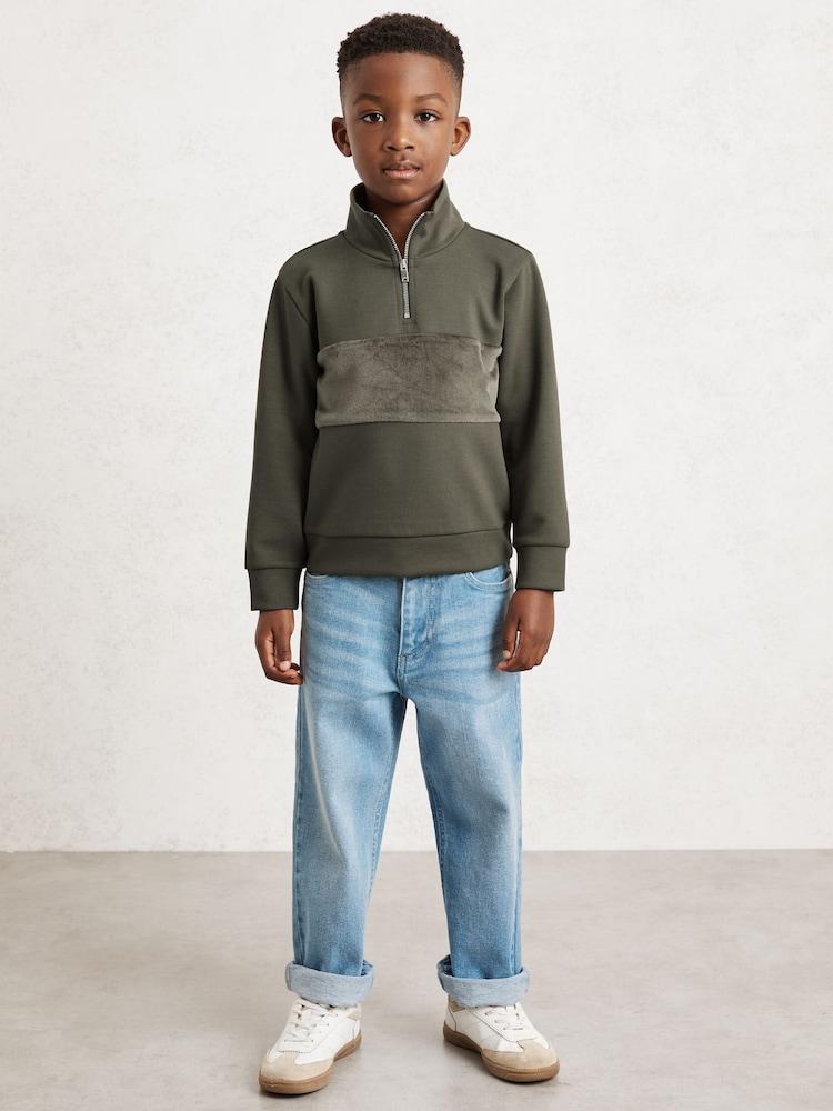 reiss 9-13 yrs Premium Interlock Panel Zip Sweatshirt in Dark Sage Green