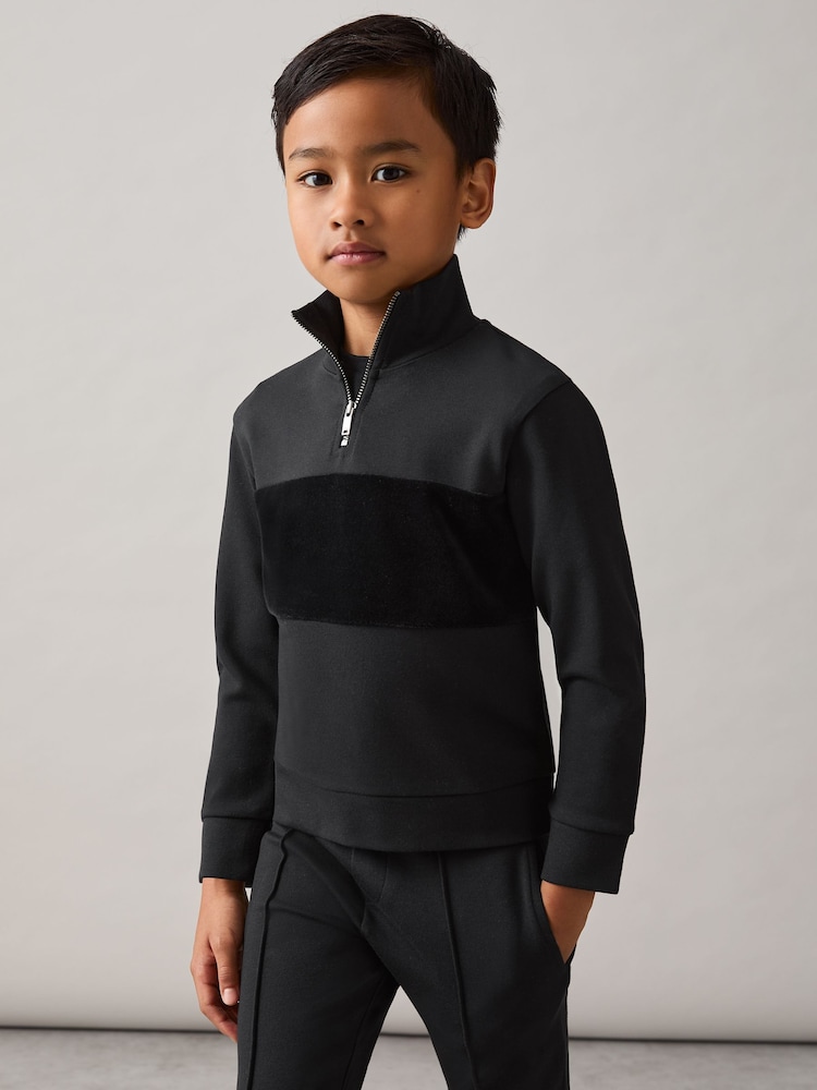 reiss 9-13 yrs Premium Interlock Panel Zip Sweatshirt in Black