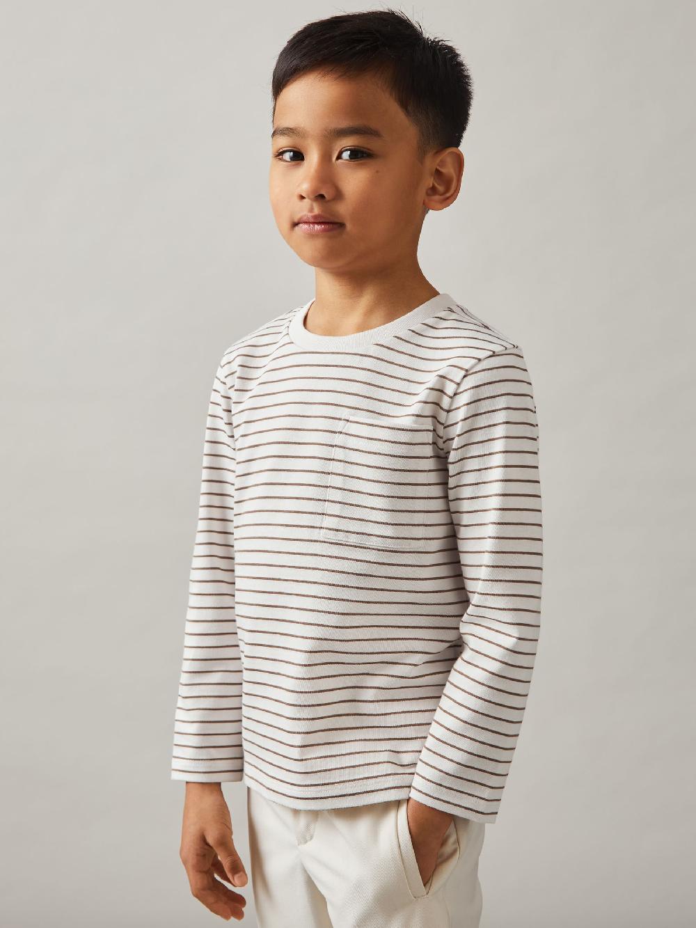 Reiss 9-13 Yrs Stretch-Cotton Stripe T-Shirt In Off White/Camel