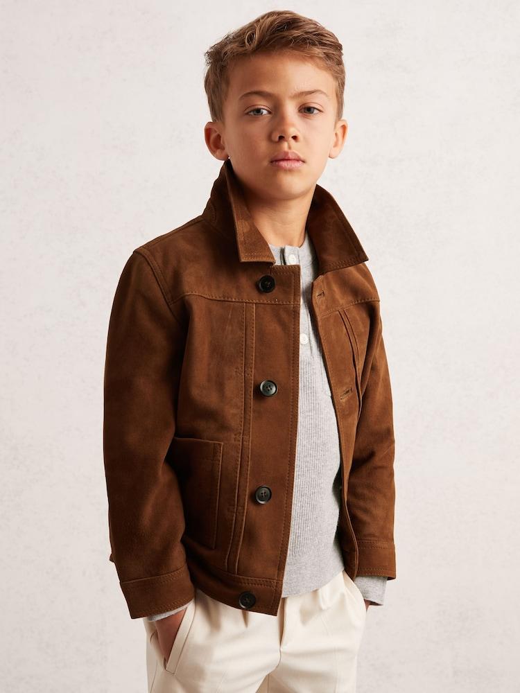 reiss 9-13 yrs Suede Worker Jacket in Tobacco Brown