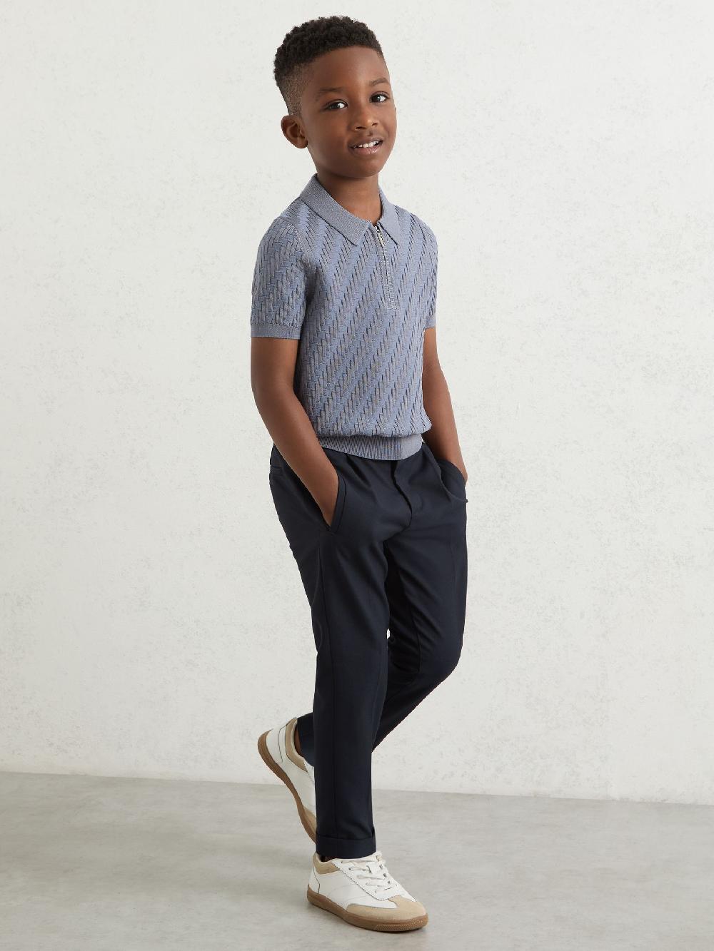 Reiss 9-13 Yrs Textured-Knit Half-Zip Polo Shirt In Airforce Blue