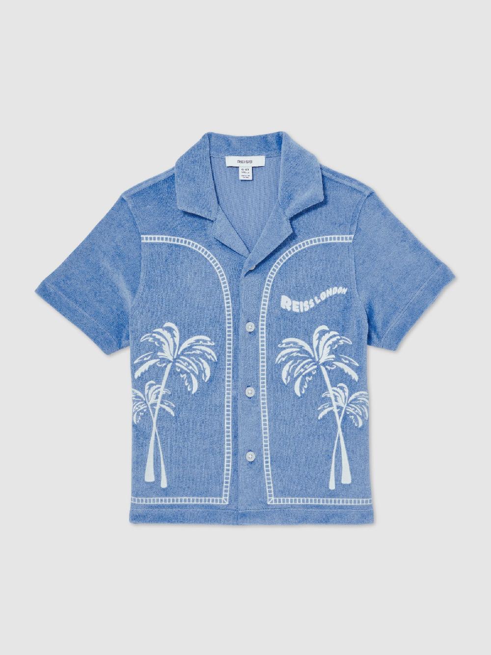 Reiss 9-13 Yrs Towelling Palm-Embroidered Shirt In Airforce Blue